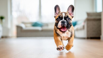 Joyful French Bulldog Puppy Running Toward Camera In Bright Modern Living Room