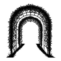 Enchanting garden archway covered in lush greenery and flowers leading to a path silhouette flat design vector illustration white background
