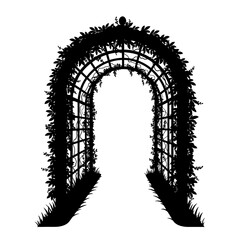 Elegant black archway silhouette detailed with lush foliage for garden and event decor silhouette flat design vector illustration white background
