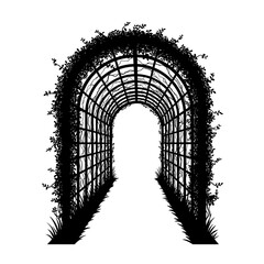 Archway garden tunnel silhouette botanical entrance lush greenery overgrown path outdoor silhouette flat design vector illustration white background