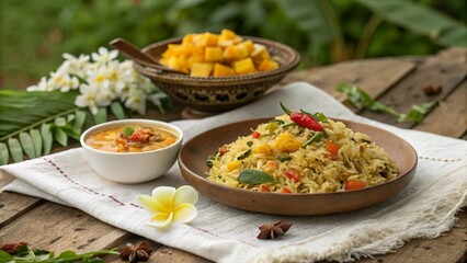 Delicious biryani served with mango chutney and tropical fruits on a rustic wooden table in a serene garden setting