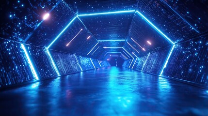 ‌Blue Hexagonal Tunnel with Glowing Lights - Cyberpunk Style Futuristic High-Tech Design Material