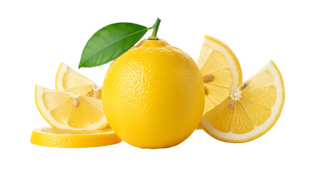 Fresh lemon and slices isolated on transparent background
