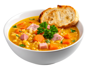 Bowl of split pea soup with ham and carrots garnished with parsley isolated on transparent png