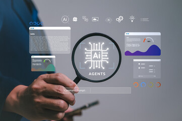 Businessman focuses on an AI Agents icon with a magnifying glass. A concept of generative AI machine learning and data analysis. Using command prompts for business intelligence and process automation