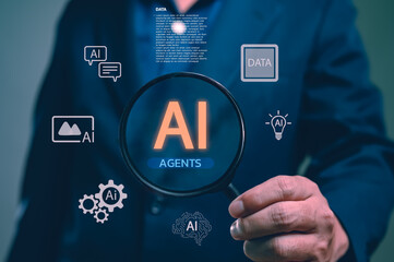 Businessman focuses on AI Agents with a magnifier, a concept of advanced artificial intelligence. Visualizing generative AI, automation, machine learning, and data processing for business solutions.