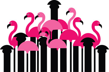 Vibrant flock of pink flamingos standing tall in striking silhouette vector illustration