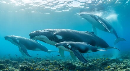 Obraz premium Humpback Whales Swimming Together in Clear Ocean Waters.