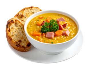 Bowl of split pea soup with ham and carrots garnished with parsley isolated on transparent png