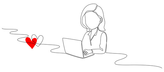 Woman with laptop computer in one continuous line drawing. Female user with dating app and heart.Searching love concept eps 10.