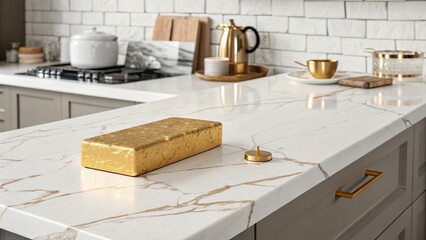 Golden brik resting on a white marble countertop enhances the elegance of a modern kitchen space