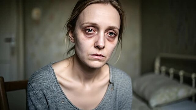 Pale adult female, visibly struggling from iron deficiency anemia. Her tired face, sunken eyes, and weak demeanor reflect severe low red blood cells.