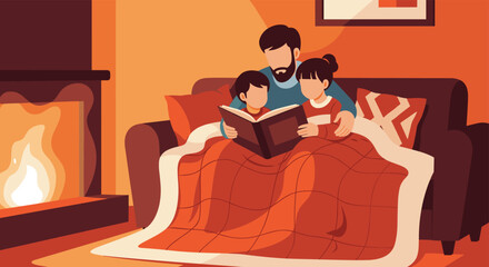 Father reading a book to his children by the fireplace.