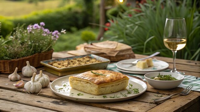 Delicious brik with roasted garlic infusion served outdoors in a charming garden setting