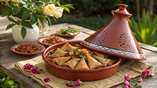 Delicious briouats in a Moroccan tagine surrounded by fresh ingredients and vibrant garnishes on a rustic wooden table