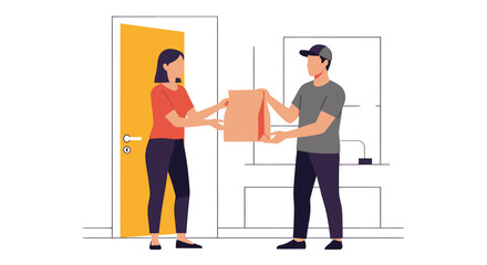 E-commerce Logistics: Delivery Man Giving Paper Bag Order to Female Client.