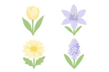 Colorful collection of spring flowers featuring tulips, daisies, lilies, and hyacinths arranged in a vibrant design