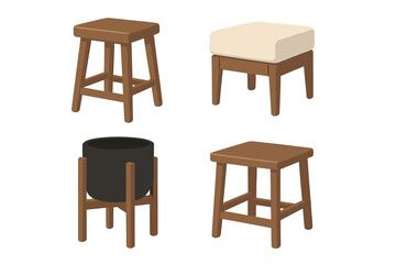 Variety of wooden stools and plant pots displayed together for interior design inspiration