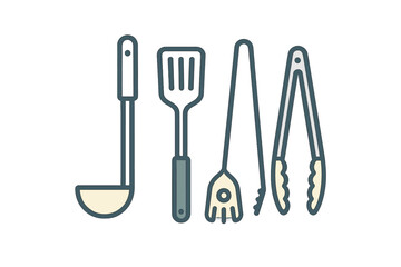 Essential kitchen tools for cooking and food preparation showcased in a simple, clean design