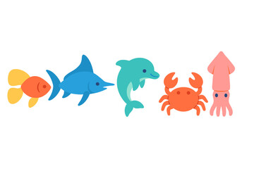 Colorful underwater animals including fish, dolphin, crab, and squid swimming in an ocean scene