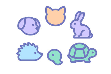 Cute and colorful animal icons featuring a cat, dog, rabbit, hedgehog, turtle, and a worm in a playful design