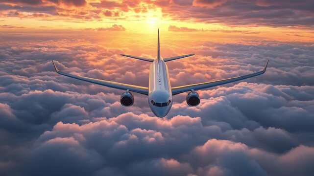 Soaring Flight at Sunset: A passenger jet ascends gracefully through a sea of fluffy clouds, the sun's warm rays painting the sky in vibrant hues of orange and gold.