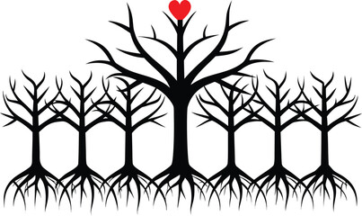 Obraz premium Silhouetted tree roots illustration with heart symbol represents growth and love