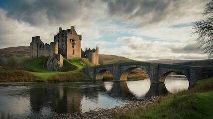 Ancient stone castle ruins reflected in calm water beside a historic bridge under a dramatic sky