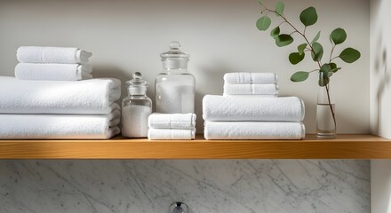 Neatly folded white towels and apothecary jars on a wooden shelf with a sprig of eucalyptus in a vase