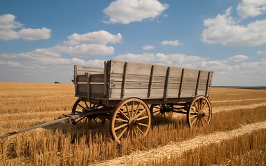 Rustic wooden wagon resting in a golden wheat field under a blue sky