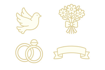 Wedding symbols featuring a dove, bouquet, rings, and decorative banner in a simple design for celebratory events