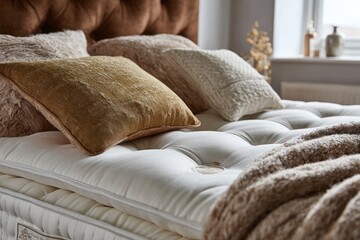 A cozy bedroom scene features a plush mattress with textured pillows and a decorative headboard