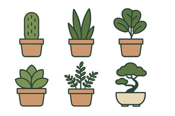 Variety of potted plants arranged in a pleasing formation on a white background showcasing their unique shapes and styles