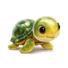 Cute little turtle with a yellow shell and green body. The turtle is smiling and looking at the camera