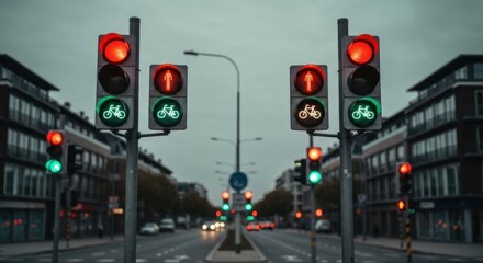 Traffic lights with bicycle symbols line a street on a cloudy day