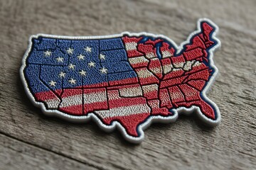 Embroidery Patch of United States Map with American Flag Design on Wooden Surface