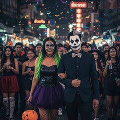 Spooky Couple with Skeleton Makeup at Halloween Parade