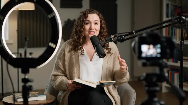 A woman with a microphone sits in front of a camera reading a book. The woman uses a microphone while seated in a studio environment during the recording session.