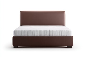 A modern bed features a brown leather headboard and frame, with a white mattress