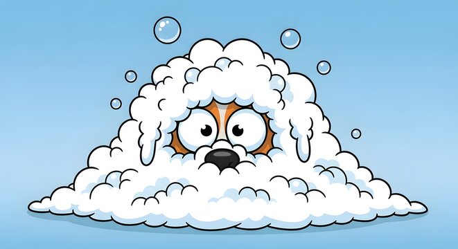 Silly dog fully covered in soap bubbles and foam, big eyes peeking out, whimsical vector style