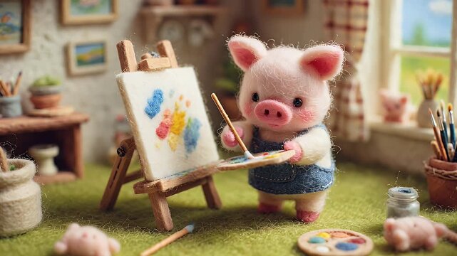 Animated pig artist painting on easel indoors with soft lighting