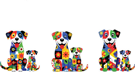 Colorful patterned dogs with flowers playful
