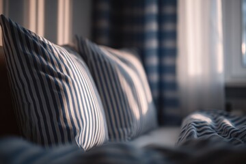 Softly lit close-up of striped pillows on a bed, with a curtained window in the background
