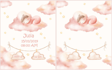 Watercolor newborn Baby Shower greeting card with babies girl. Birthday card with text space of new born baby invitation.