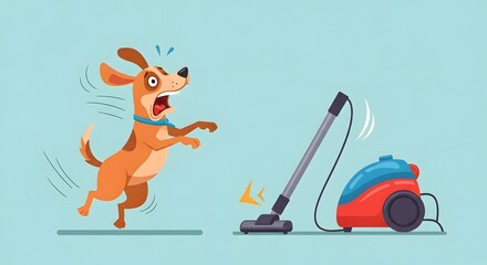 Fototapeta premium Cartoon dog jumping back in shock at a vacuum cleaner turning on, comedic moment, flat vector style
