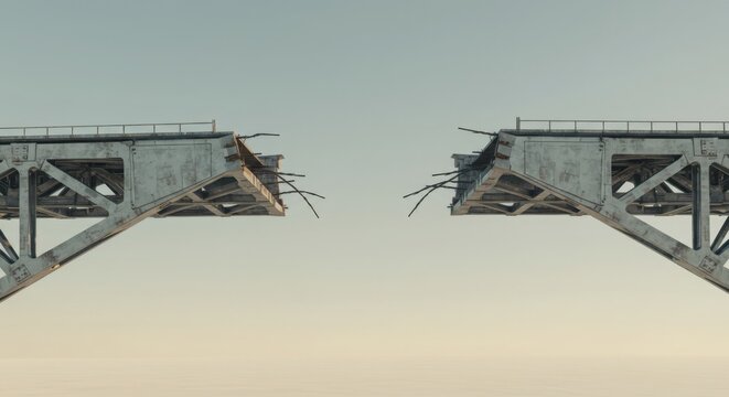 Broken bridge with damaged structure against a clear sky.