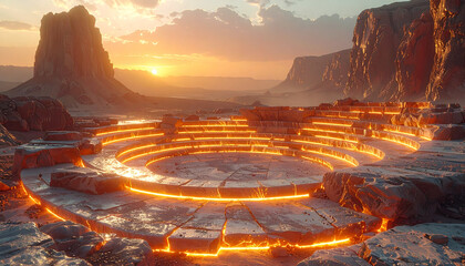 Ancient glowing ceremonial circle in a vast desert landscape at sunset, emanating an enigmatic energy amidst majestic rock formations, a blend of mystery and futuristic wonder