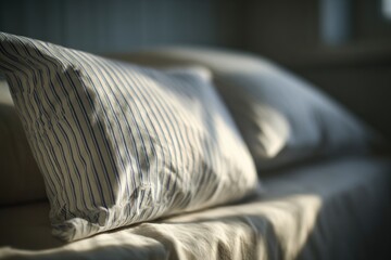 Sunlight streams onto striped pillows and a rumpled bed, creating a calming, cozy scene