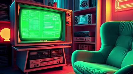Retrofuturistic room with a glowing CRT monitor, a comfortable chair, and vibrant neon lights creating a nostalgic atmosphere - Powered by Adobe