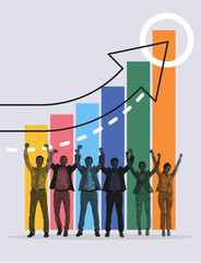 Business team celebrating success with growth chart and upward arrow concept in halftone design